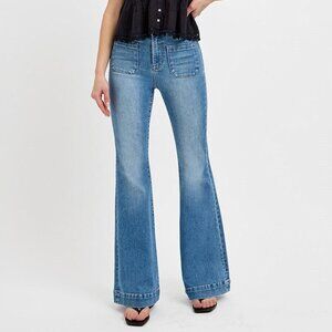 Risen Denim High Rise front Patch Pocket Flare Jeans Blue Medium Wash NWT